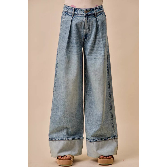 SO ME Denim - SO ME Mid Rise Plated Wide Leg Denim Jean